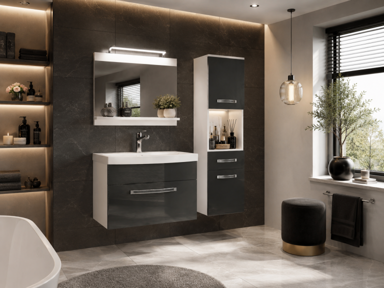 Badezimmermöbel Belini Premium Full Version Hochglanzgrau + Waschbecken + Spiegel + LED-Beleuchtung Glamour 45 Hersteller GLA P 3/0/W/S/0/MB/PP