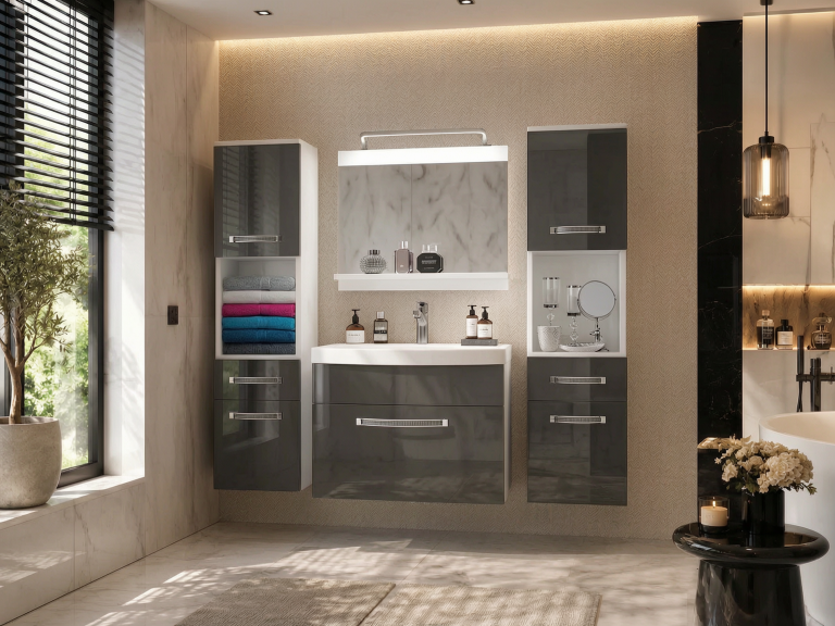 Badezimmermöbel Belini Premium Full Version Hochglanzgrau + Waschbecken + Spiegel + LED-Beleuchtung Glamour 102 Hersteller GLA P 6/0/W/S/0/MB/PP

