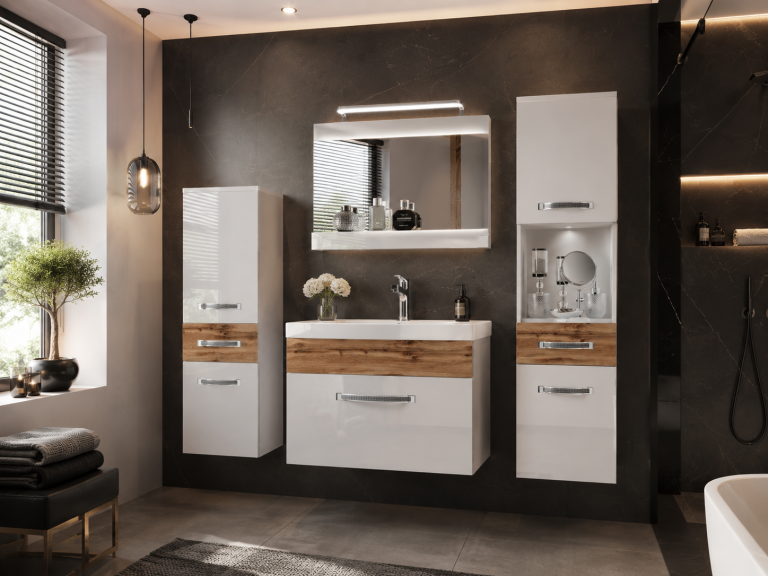 Badezimmermöbel Belini Premium Full Version Hochglanzweiß / Wotan-Eiche + Waschbecken + Spiegel + LED-Beleuchtung Glamour 93 Hersteller GLA PM 5/0/W/WDW/0/MB/PP
