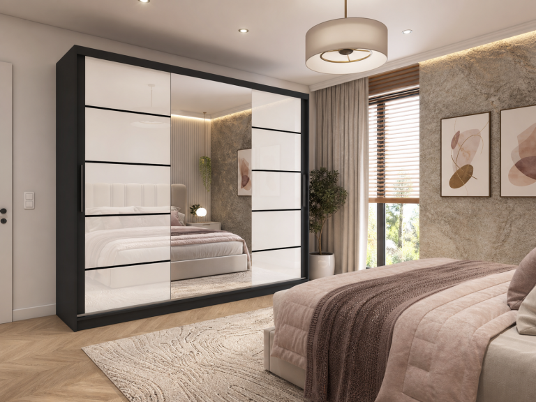 Kleiderschrank 235 cm Belini schwarz matt / weiß glänzend mit Schiebetüren mit Spiegel und Schubladen Hersteller MGB SZP8/0/B/2W1L/KLP