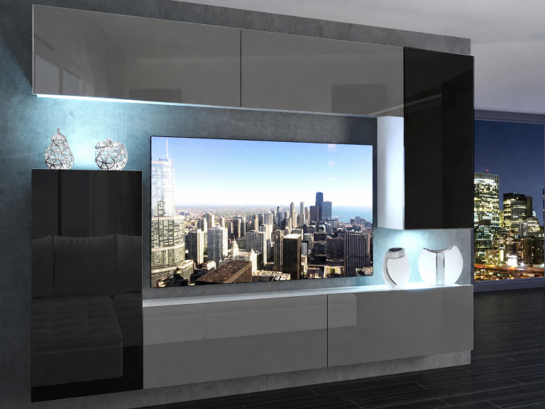 Wohnwand 250 cm TV-/RTV-Wand Grau Hochglanz / Schwarz Hochglanz Hersteller IMP 8/5/W/SBBS/0/0