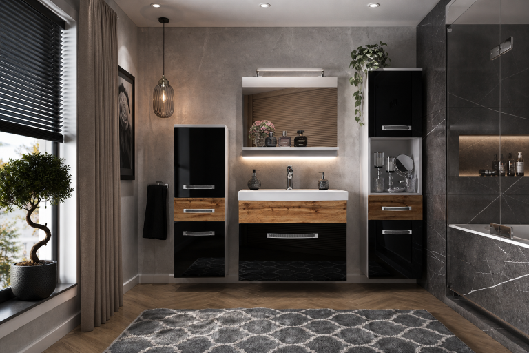 Badezimmermöbel Belini Premium Full Version Hochglanzschwarz / Wotan-Eiche + Waschbecken + Spiegel + LED-Beleuchtung Glamour 95 Hersteller GLA PM 5/0/W/BDW/0/MB/PP
