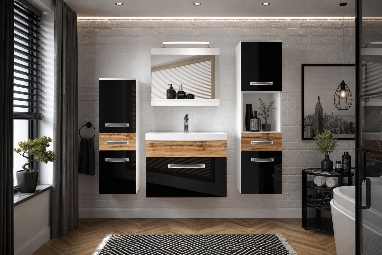 Badezimmermöbel Belini Premium Full Version Hochglanzschwarz / Wotan-Eiche + Waschbecken + Spiegel + LED-Beleuchtung Glamour 95 Hersteller GLA PM 5/0/W/BDW/0/MB/PP
