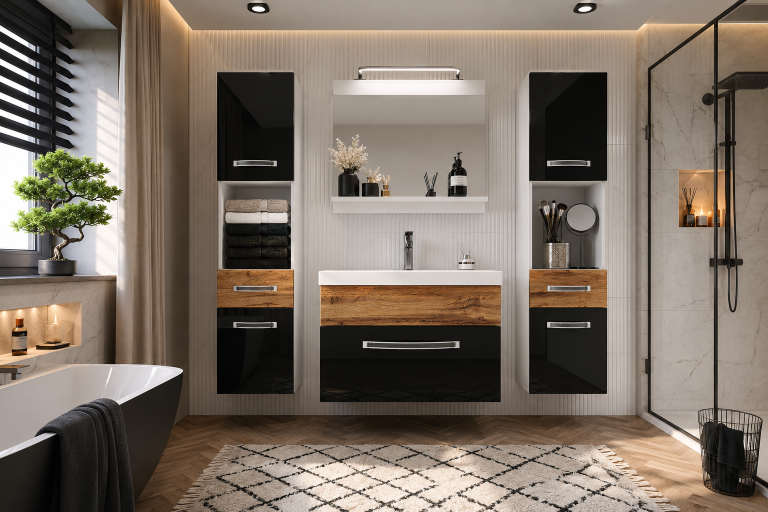 Badezimmermöbel Belini Premium Full Version Hochglanzschwarz / Wotan-Eiche + Waschbecken + Spiegel + LED-Beleuchtung Glamour 114 Hersteller GLA PM 6/0/W/BDW/0/MB/PP