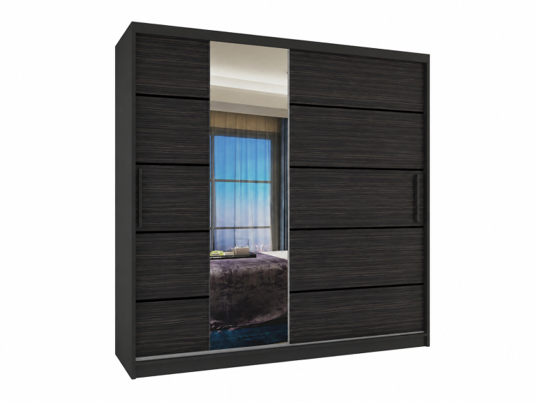 Schiebetürenschrank 200 cm PREMIUM MIT SCHUBLADEN mit Spiegel Königseiche matt schwarz Hersteller MBP SZP5/1/B/HK/0/KLP