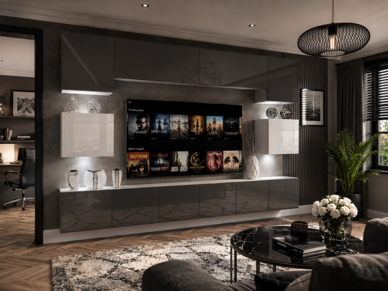 Wohnwand 300 cm TV-/RTV-Wand Grau Hochglanz / Weiß Hochglanz Hersteller IMP 3/5/W/SWS/0/0