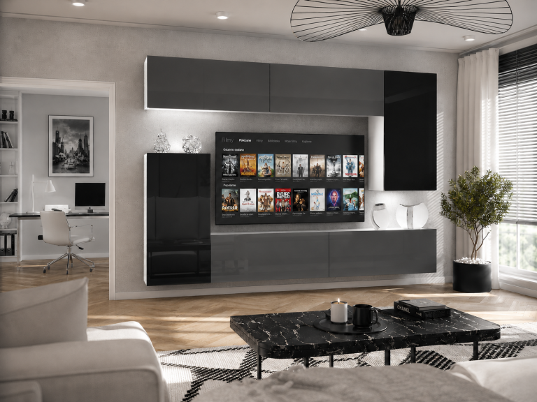 Wohnwand 250 cm TV-/RTV-Wand Grau Hochglanz / Schwarz Hochglanz Hersteller IMP 8/5/W/SBBS/0/0