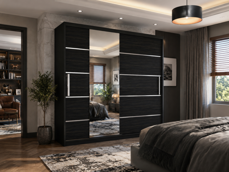 Schiebetürenschrank 200 cm mit Spiegel schwarz dunkle Königseiche Hersteller MBP SZP1/2/B/HK/0/AL