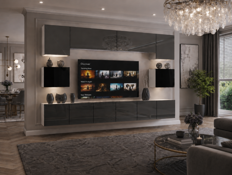 Wohnwand 300 cm TV-/RTV-Wand Grau Hochglanz / Schwarz Hochglanz Hersteller IMP 3/5/W/SBS/0/0