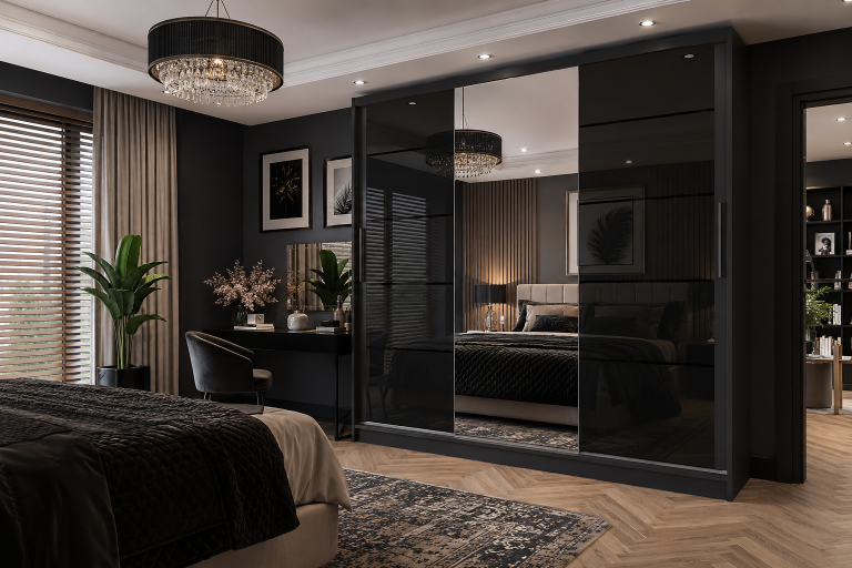 Kleiderschrank 235 cm Belini schwarz matt / schwarz glänzend mit Schiebetüren mit Spiegel und Schubladen Hersteller MGB SZP8/0/B/2B1L/KLP