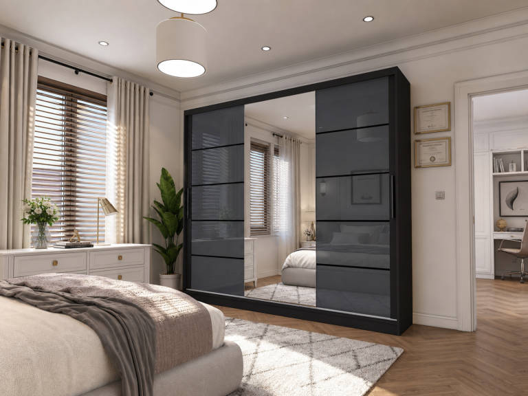 Kleiderschrank 235 cm Belini schwarz matt / grau glänzend mit Schiebetüren mit Spiegel und Schubladen Hersteller MGB SZP8/0/B/2S1L/KLP