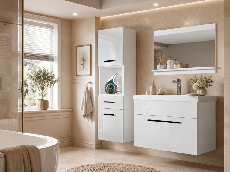 Badezimmermöbel Belini weiß glänzend + Waschbecken + Spiegel Hersteller ROD P 3/0/W/W/0/ZW