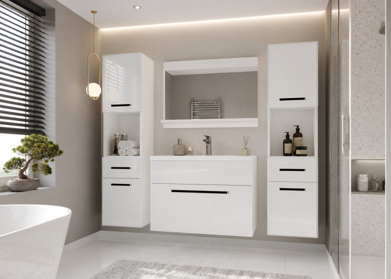 Badezimmermöbel Belini weiß glänzend + Waschbecken + Spiegel Hersteller ROD P 6/0/W/W/0/ZW