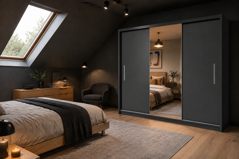 Kleiderschrank 200 cm PRIMO mit Spiegel, mattschwarz Hersteller: MES PRIMO SZP1/1/B/B/0/AL