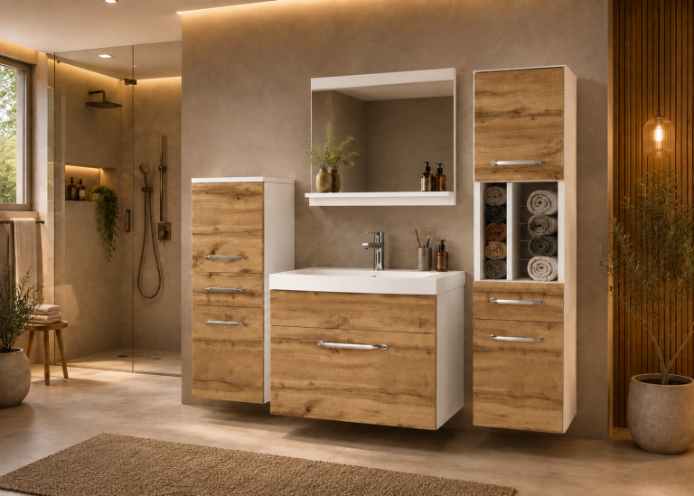 Badezimmermöbel: Waschtischunterschrank mit Spiegel, Eiche „Wotan“, Hersteller: ROD PRIMO M 5/0/W/DW/0/ZINC