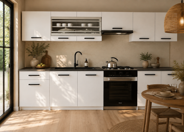 Küchenmöbel 260 cm, mattweiß, mit Arbeitsplatte, Hersteller: TOR PRIMO260/3/WT/WT/0/B1