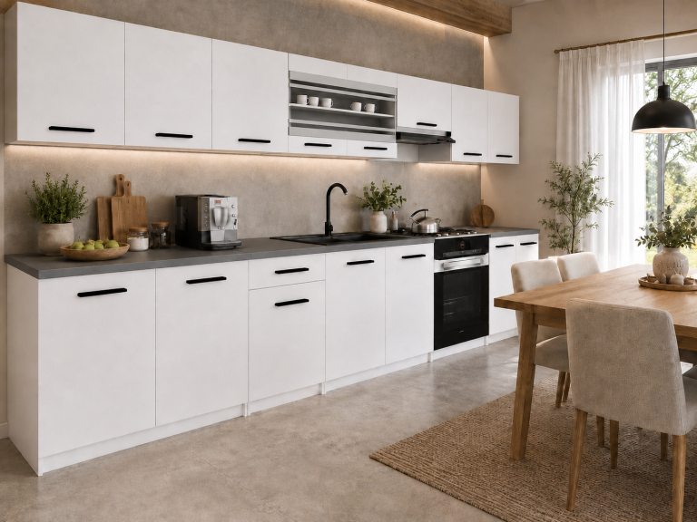 Küchenmöbel 320 cm, mattweiß, mit Arbeitsplatte, Hersteller: TOR PRIMO320/4/WT/WT/0/B1