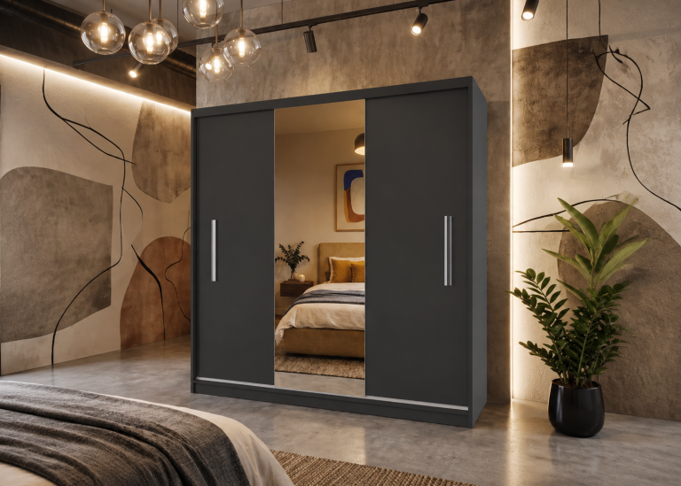 Kleiderschrank 200 cm PRIMO mit Spiegel, mattschwarz Hersteller: MES PRIMO SZP1/1/B/B/0/AL
