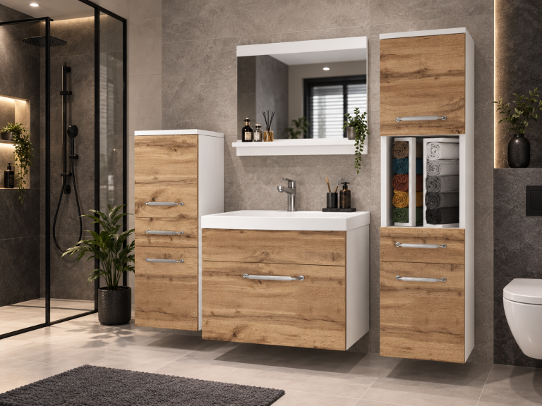Badezimmermöbel: Waschtischunterschrank mit Spiegel, Eiche „Wotan“, Hersteller: ROD PRIMO M 5/0/W/DW/0/ZINC
