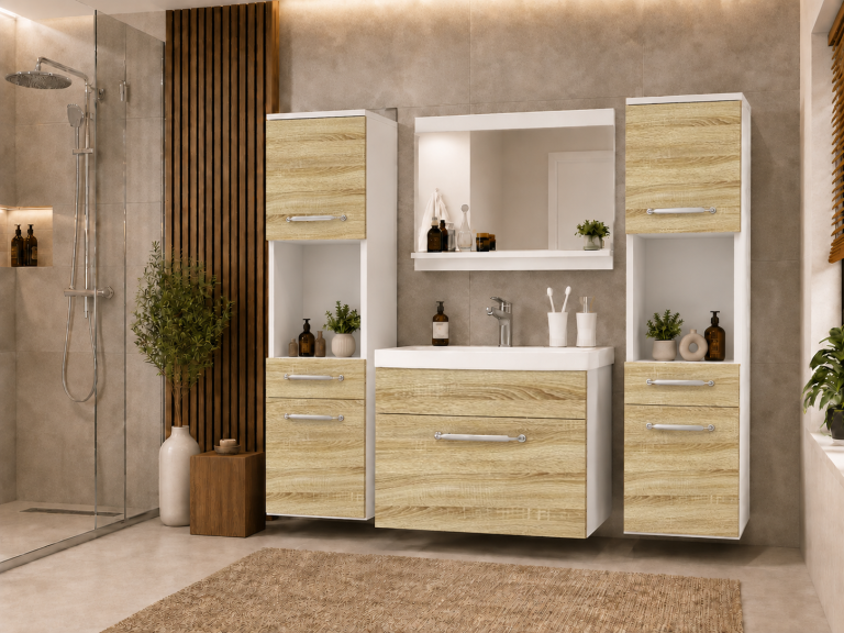 Badezimmermöbel: Waschtischunterschrank mit Spiegel, Eiche Sonoma, Hersteller: ROD PRIMO M 6/0/W/DS/0/ZINC