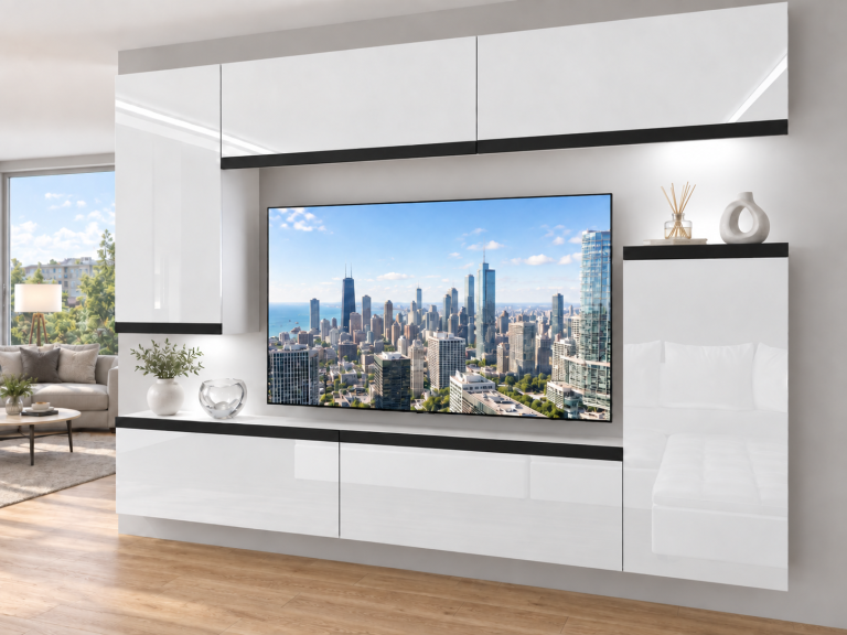 Meblościanka Prestige 250 cm TV/RTV biała połysk Producent IMP P Woody 8/5/W/W/0/0/CM