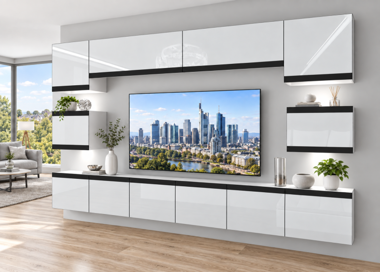Meblościanka Prestige 300 cm TV/RTV biała połysk Producent IMP P Tarantino 3/5/W/W/0/0/CM