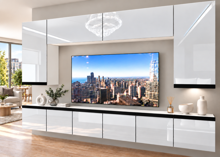 Meblościanka Prestige 300 cm TV/RTV biała połysk Producent IMP P Monroe 2/5/W/W/0/0/CM