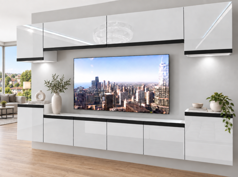 Meblościanka Prestige 300 cm TV/RTV biała połysk Producent IMP P Hepburn 4/5/W/W/0/0/CM