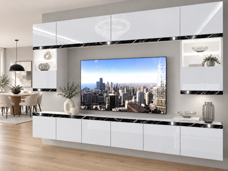 Meblościanka Prestige 300 cm TV/RTV biała połysk Producent IMP P2 Nolan 1/5/W/W/0/0/CS