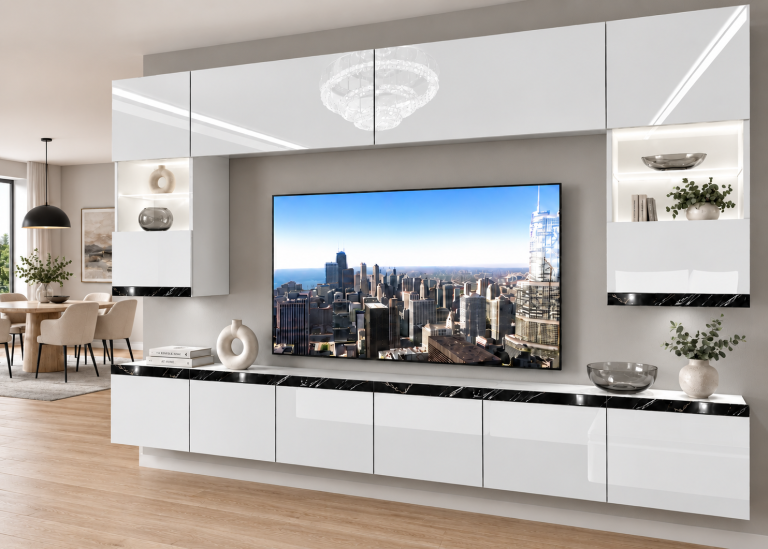 Meblościanka Prestige 300 cm TV/RTV biała połysk Producent IMP P1 Nolan 1/5/W/W/0/0/CS