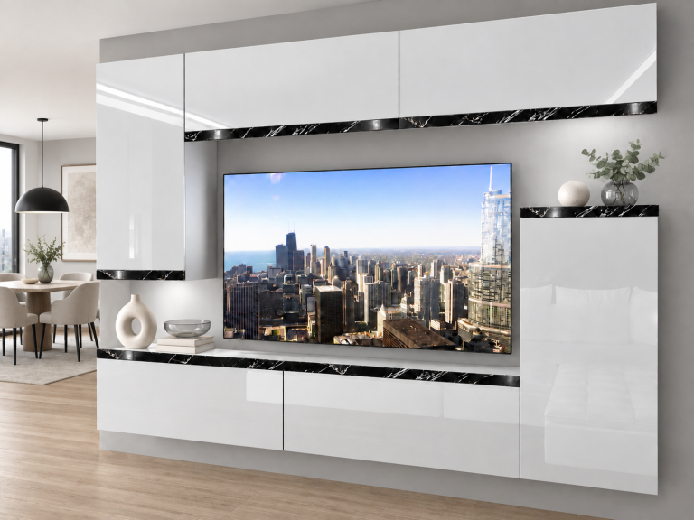 Meblościanka Prestige 250 cm TV/RTV biała połysk Producent IMP P Woody 8/5/W/W/0/0/CS