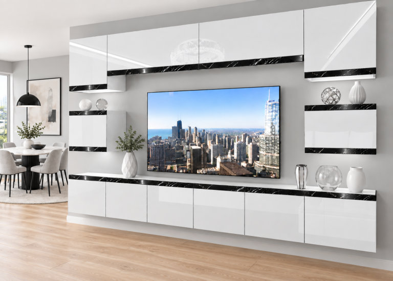 Meblościanka Prestige 300 cm TV/RTV biała połysk Producent IMP P Tarantino 3/5/W/W/0/0/CS
