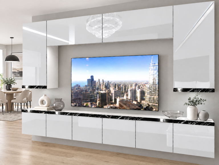 Meblościanka Prestige 300 cm TV/RTV biała połysk Producent IMP P Monroe 2/5/W/W/0/0/CS