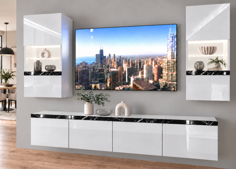 Meblościanka Prestige 200 cm TV/RTV biała połysk Producent IMP P Keanu 7/5/W/W/0/0/CS