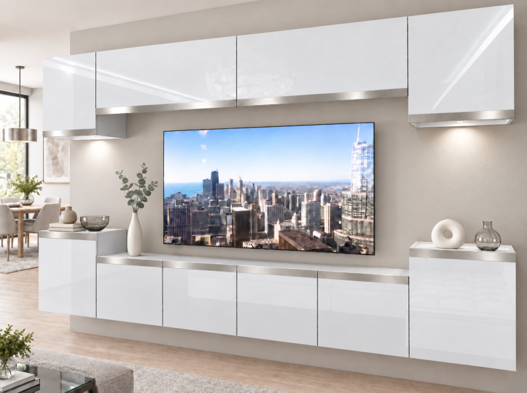 Meblościanka Prestige 300 cm TV/RTV biała połysk Producent IMP P Hepburn 4/5/W/W/0/0/SL