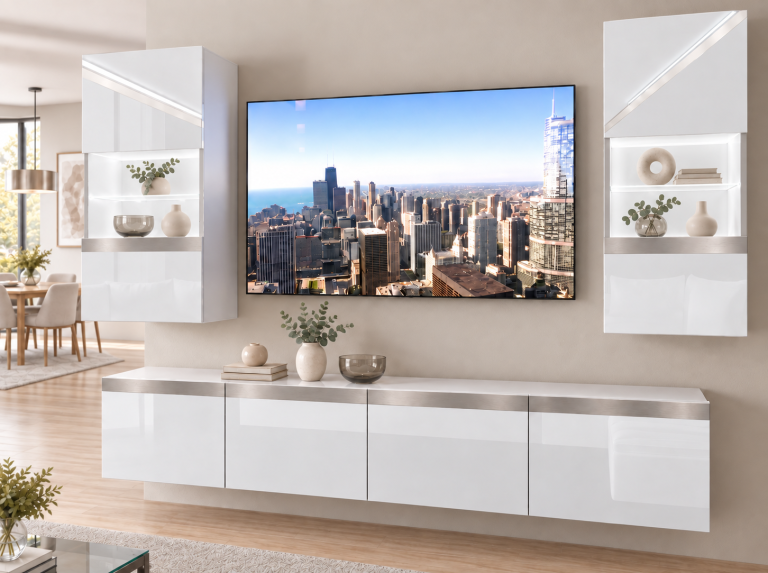 Meblościanka Prestige 200 cm TV/RTV biała połysk Producent IMP P Keanu 7/5/W/W/0/0/SL
