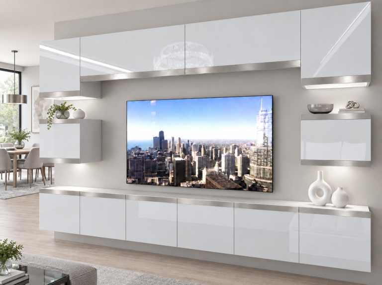 Meblościanka Prestige 300 cm TV/RTV biała połysk Producent IMP P Tarantino 3/5/W/W/0/0/SL