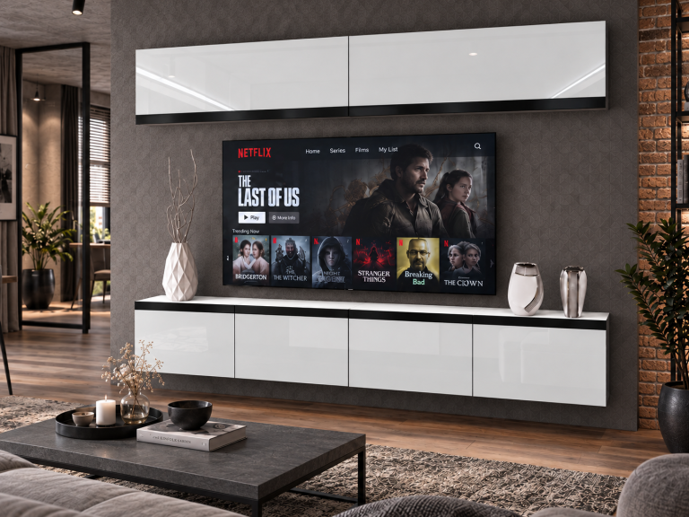 Meblościanka Prestige 200 cm TV/RTV biała połysk Producent IMP P Brando 6/5/W/W/0/0/CM