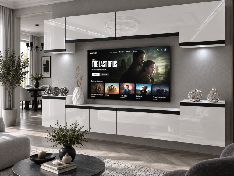 Meblościanka Prestige 300 cm TV/RTV biała połysk Producent IMP P Hepburn 4/5/W/W/0/0/CM