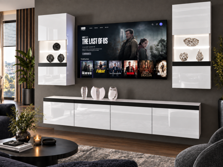 Meblościanka Prestige 200 cm TV/RTV biała połysk Producent IMP P Keanu 7/5/W/W/0/0/CM
