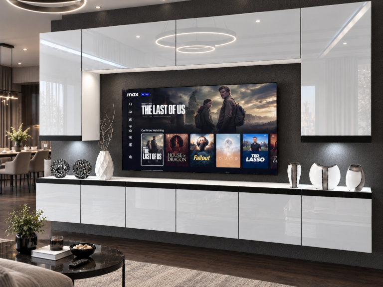 Meblościanka Prestige 300 cm TV/RTV biała połysk Producent IMP P Monroe 2/5/W/W/0/0/CM