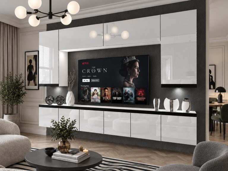 Meblościanka Prestige 300 cm TV/RTV biała połysk Producent IMP P Monroe 2/5/W/W/0/0/CM