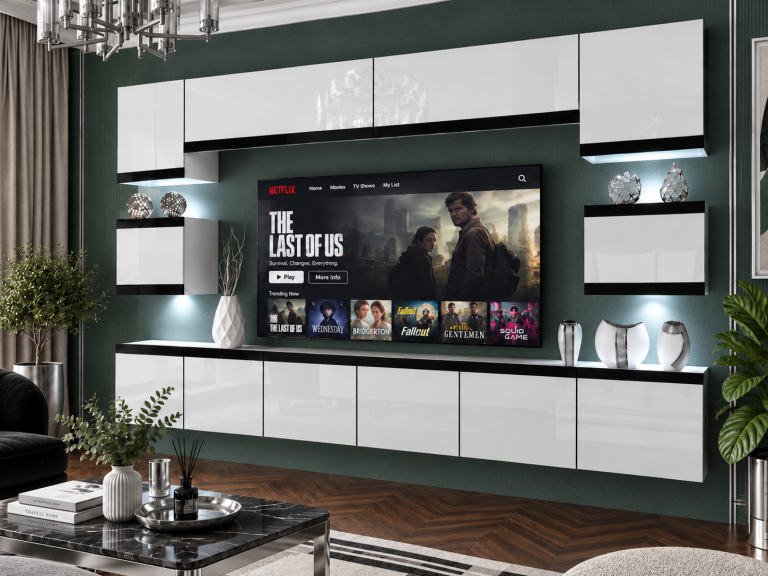 Meblościanka Prestige 300 cm TV/RTV biała połysk Producent IMP P Tarantino 3/5/W/W/0/0/CM