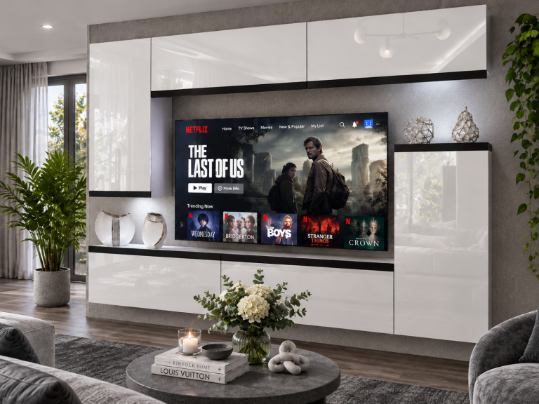 Meblościanka Prestige 250 cm TV/RTV biała połysk Producent IMP P Woody 8/5/W/W/0/0/CM