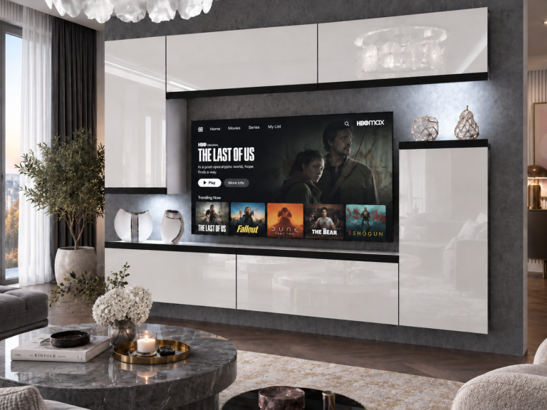 Meblościanka Prestige 250 cm TV/RTV biała połysk Producent IMP P Woody 8/5/W/W/0/0/CM