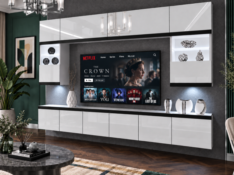 Meblościanka Prestige 300 cm TV/RTV biała połysk Producent IMP P2 Nolan 1/5/W/W/0/0/CM
