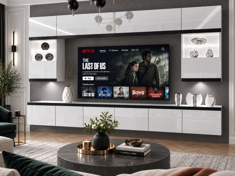 Meblościanka Prestige 300 cm TV/RTV biała połysk Producent IMP P2 Nolan 1/5/W/W/0/0/CM