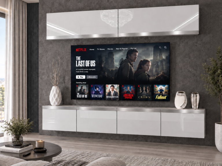 Meblościanka Prestige 200 cm TV/RTV biała połysk Producent IMP P Brando 6/5/W/W/0/0/SL