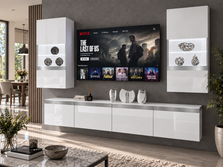 Meblościanka Prestige 200 cm TV/RTV biała połysk Producent IMP P Keanu 7/5/W/W/0/0/SL
