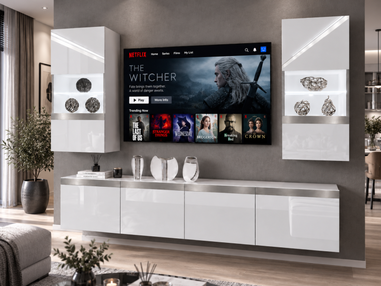 Meblościanka Prestige 200 cm TV/RTV biała połysk Producent IMP P Keanu 7/5/W/W/0/0/SL